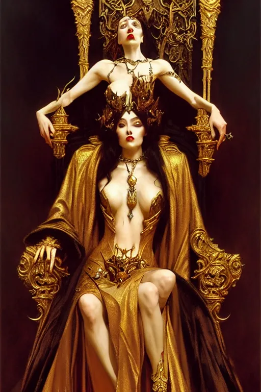 Image similar to full body portrait of beautiful vampire queen in gold gothic robe sitting on a throne of bones, elegant, highly detailed painting by gaston bussiere, craig mullins, j. c. leyendecker, 8 k, mid shot