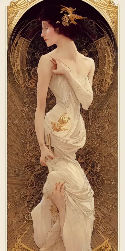 Image similar to beauty art nouveau woman, ivory and gold robotic, trending on artstation, by WLOP,Artgerm,Greg Rutkowski,Alphonse Mucha