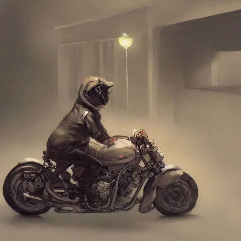 Image similar to a storybook illustration of a cute hamster riding a racing motorcycle, quiet night foggy scene painted by Edward Hopper masterpiece, intricate, elegant, fantasy, highly detailed, digital painting, concept art, sharp focus, artstation