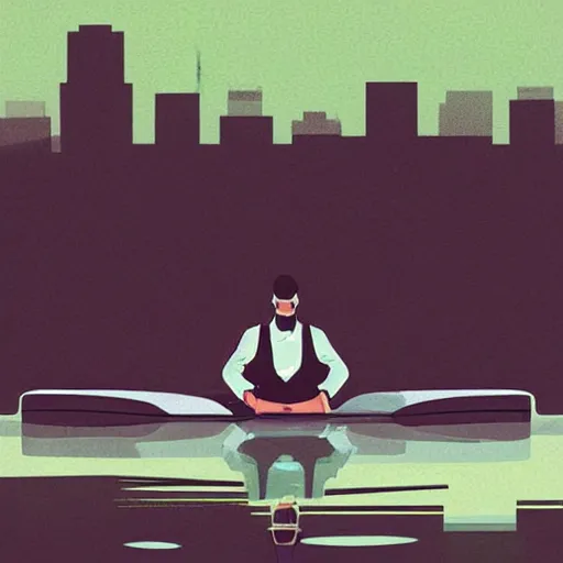 Image similar to a man in suit sitting on the top of a car in a flooded street, looking at his phone, art by James Gilleard, James Gilleard artwork