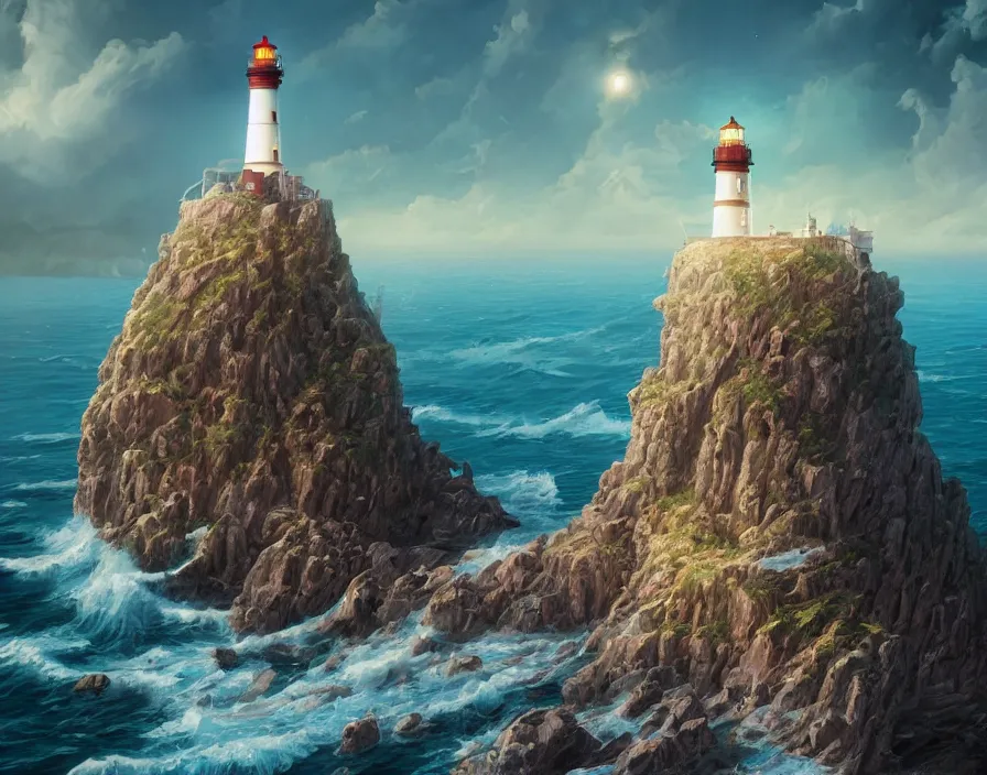 Image similar to fantasy painting of a lighthouse on the edge of a cliff overseeing a vast ocean, complex, detailed, intricate abstract. delicate artwork. by Tooth Wu, wlop, beeple, dan mumford. octane render, trending on artstation, greg rutkowski very coherent symmetrical artwork. cinematic, hyper realism, high detail, octane render, 8k, depth of field, bokeh. chrome accents.