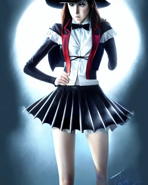 Image similar to ultra realistic, beautiful Anna Kendrick Zatanna DC Comics waist up floating, on stage, symmetrical face symmetrical eyes, smiling, modern anime, fantasy, eerie, intricate details, atmospheric, elegant, super highly detailed, professional digital painting, artstation, concept art, 8k, art by artgerm and eiichiro oda and koyoharu gotouge