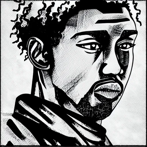 Image similar to manga panel of kanye west in the style of kentaro miura, 8 k, 4 k, masterpiece, trending on artstation