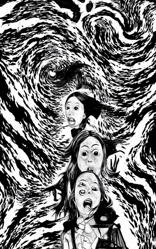 Image similar to Sharknado in the style of junji ito, manga, horror, spirals, faces, sharks, teeth