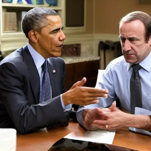 Prompt: barak obama getting legal advice from saul goodman