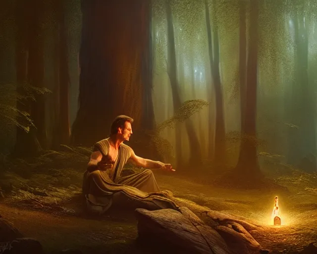 Image similar to liam neeson as a genie in a lamp, in a forest. magical atmosphere. art by greg rutkowski. highly detailed 8 k. intricate. lifelike. soft light. nikon d 8 5 0.