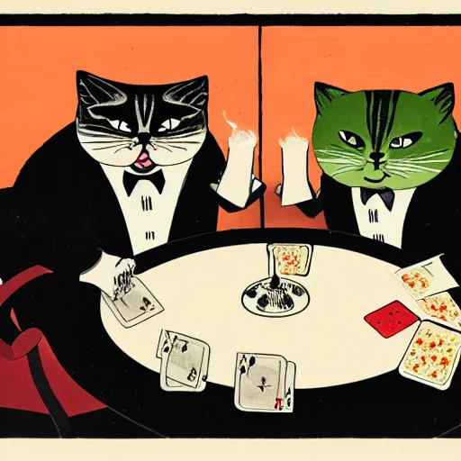 Image similar to fat mobster cats gambling at a table with a single light overhead, smoke fills the room, japanese art style