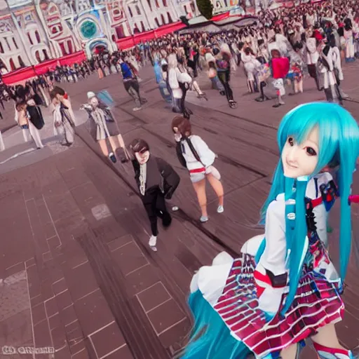 Image similar to hatsune miku on the moscow red square, high detailed anime art, trending on pixiv