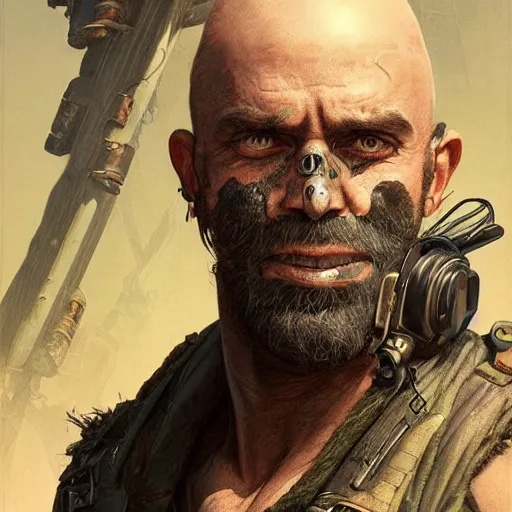 Prompt: portrait painting of a post apocalyptic man, bald, black beard, handsome, ultra realistic, concept art, intricate details, eerie, highly detailed, fallout, wasteland, photorealistic, octane render, 8 k, unreal engine 5. art by artgerm and greg rutkowski and alphonse mucha