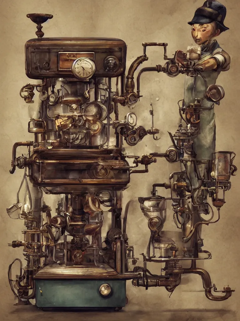 Prompt: old mechanical coffee machine, by Simon Stalenhaag, by Yoshita Amano, by Esao Andrews, sharp focus, fresh colors, deviantart, conceptart