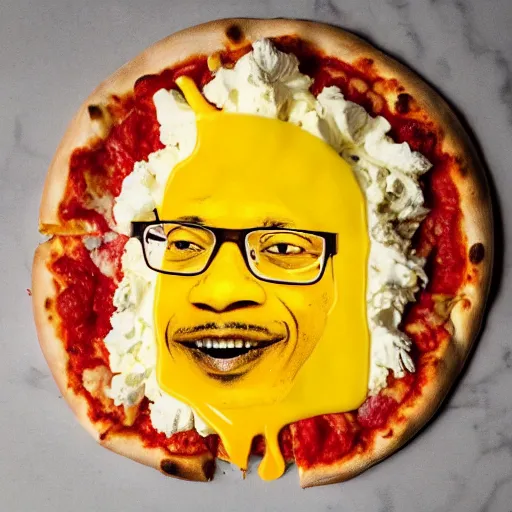 Image similar to a photo of a gus fring face made of cheese in a pizza, food photo, professional food photo, iphone, 4 k