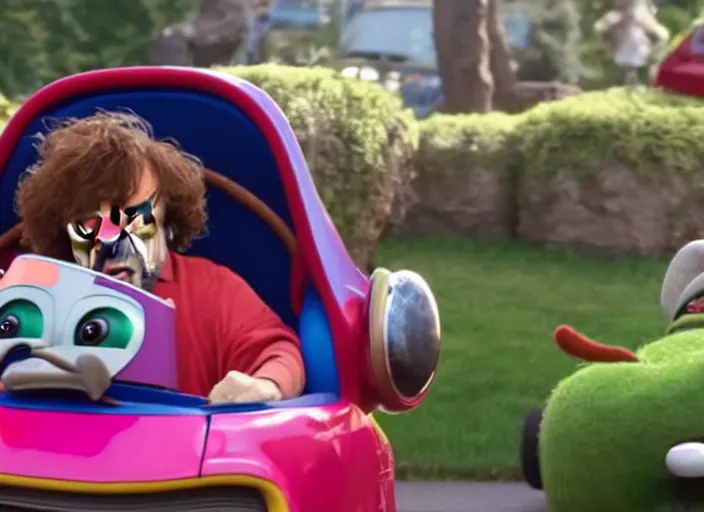 Prompt: peter dinklage driving a little tikes cozy coupe, movie still, from the new munsters movie, 8 k, realistic