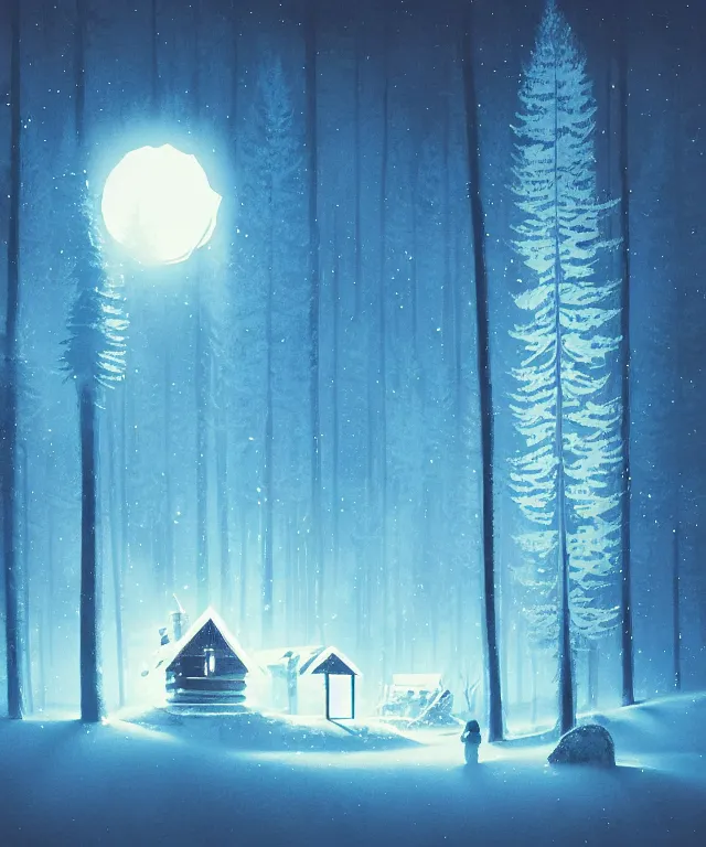 Prompt: winter forest cabin during a moonlight blizzard, by petros afshar, ross tran, peter mohrbacher, tom whalen, shattered glass, bubbly underwater scenery, radiant light