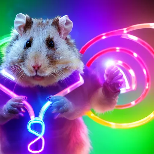 Image similar to cyberpunk hamster! holding rainbow! gem! crystal, neon lights, light reflection, logo, 8 k, hd