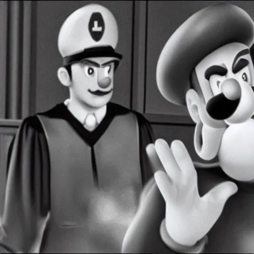 Image similar to black and white photo of luigi committing treason against the supreme court