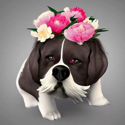 Image similar to Fu dog with peonies, digital art, 8k, trending on artstation