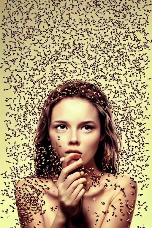 Prompt: a photo of a pretty woman with many ants on her face. movie poster. detailed. artistic. pretty