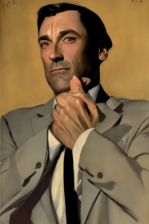 Image similar to portrait of jon hamm by leyendecker and tamara de lempicka at the french riviera 1 9 6 0