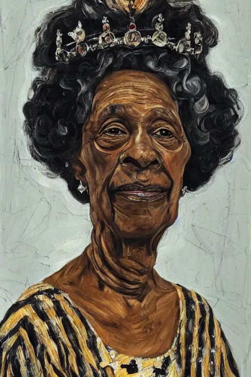 Image similar to a painted portrait of an elderly black lady with grey curly hair, wearing a crown and clothing of Queen Elizabeth the second, painted by Lucian Freud, oil on canvas, expressive, impasto