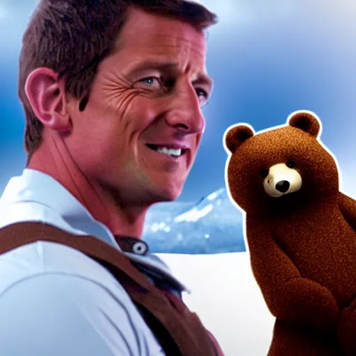 Prompt: film still of bear grylls in a bear costume