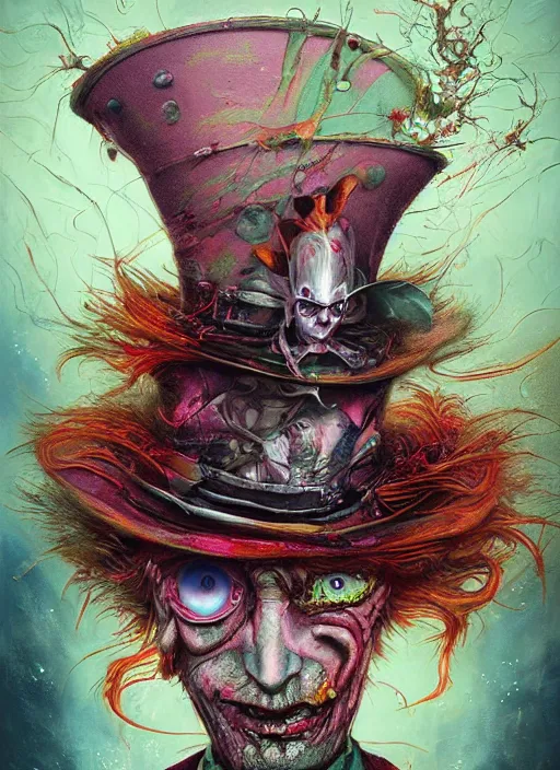 Image similar to mad hatter, alien, highly detailed, cinematic, 8 k, by megan duncanson, benjamin lacombe, adrian borda, stanley artgermm, tom bagshaw, craig mullins, carne griffiths, ayami kojima, beksinski, giger, trending on deviantart, hyper detailed, horror, full of colour