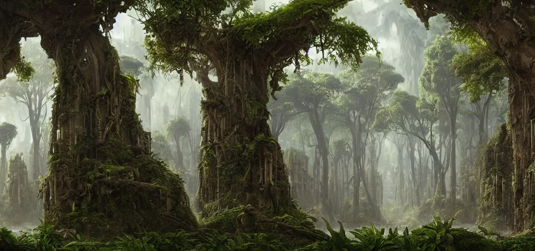 Prompt: gigantic palace-castle adorned pillars, towers, gnarly trees, lush vegetation, forrest, landscape, raphael lacoste, eddie mendoza, alex ross, concept art, matte painting, highly detailed, rule of thirds, dynamic lighting, cinematic, detailed, denoised, centerd