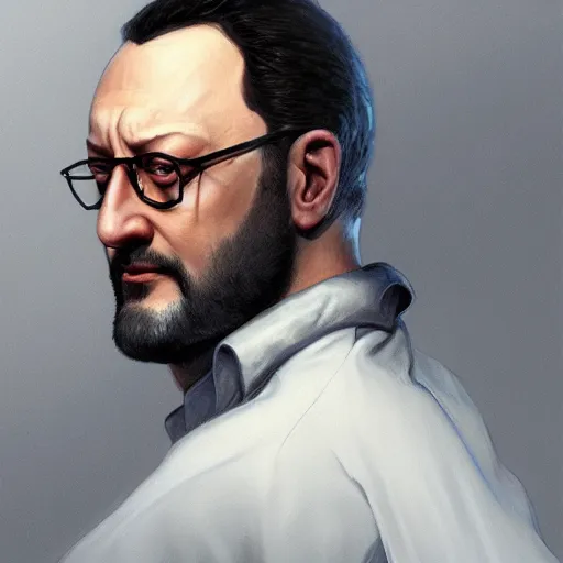 Image similar to Jean Reno, portrait, headshot, D&D, fantasy, highly detailed, digital painting, artstation, concept art, sharp focus, illustration, art by artgerm and greg rutkowski and alphonse mucha