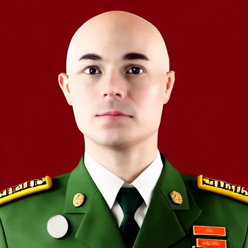 Image similar to cinematic shot of a bald young white man wearing a green chinese maoist military uniform standing in a Subway restaurant, 8k, very intricate, very detailed,