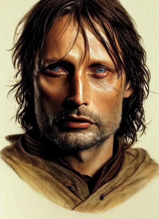 Prompt: Mads Mikkelsen as Aragorn by Alan Lee, golden hour, concept art, detailed clothing, art station, oil painting