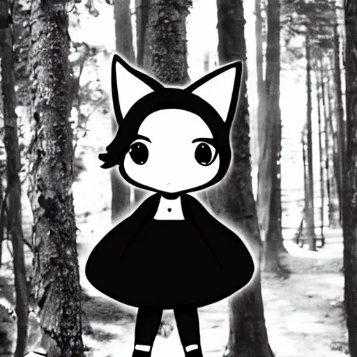 Prompt: CCTV footage of catgirl maid in the forests, black and white