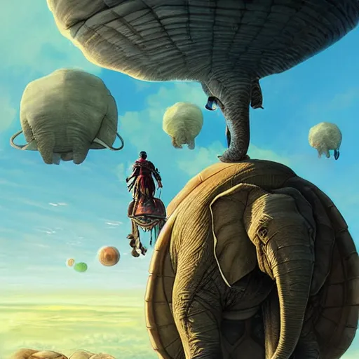 Image similar to a flat world on the back of four elephants, who are standing on the back of a giant turtle floating through space by Marc Simonetti