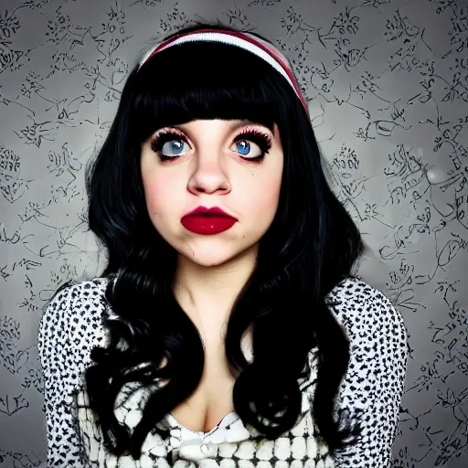 Image similar to Melanie Martinez, XF IQ4, 150MP, 50mm, f/1.4, ISO 200, 1/160s, natural light, Adobe Photoshop, Adobe Lightroom, DxO Photolab, Corel PaintShop Pro, rule of thirds, symmetrical balance, depth layering, polarizing filter, Sense of Depth, AI enhanced