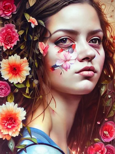 Image similar to portrait of lyndsey scott with a floral background : : painted by artgerm, karol bak, artur bordalo, sandra chevrier : : portrait, character, illustration, hyperrealism, photorealism