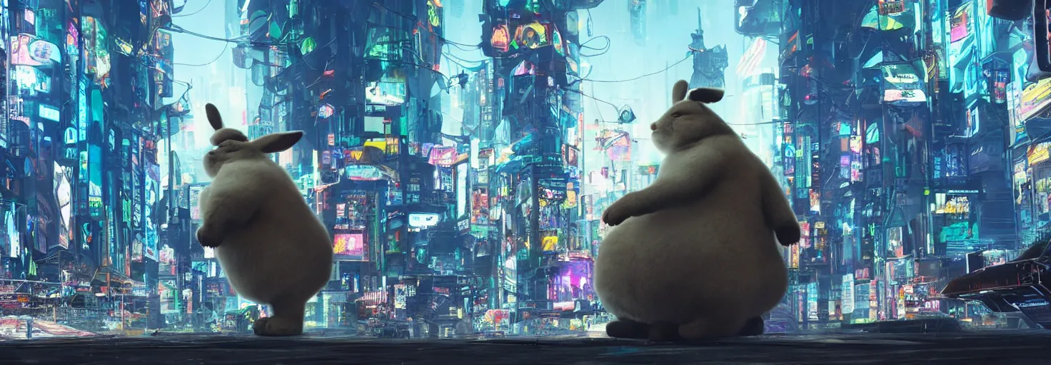 Prompt: photo big chungus roaming in a cyberpunk futuristic city