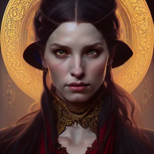 Image similar to ,portrait of an female tiefling, D&D, fantasy, intricate, elegant, highly detailed, digital painting, artstation, concept art, smooth, sharp focus, illustration, art by artgerm and greg rutkowski and alphonse mucha