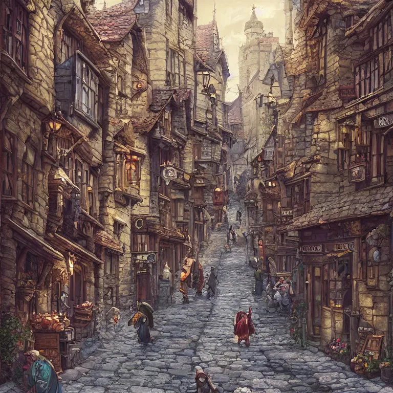 Image similar to a busy fantasy street looking down one street within a fascinating old city, quirky shops, narrow streets, old buildings, cobblestones on the ground, stone steps, street life, by Sylvain Sarrailh, single street, cinematic, simple but effective composition, clean lines, beautiful digital painting, oil painting, detailed, dungeons and dragons, lord of the rings