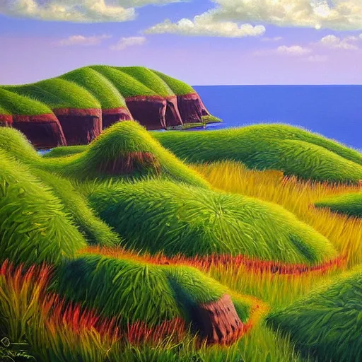 Image similar to painting of a lush natural scene on an alien planet by april gornik. beautiful landscape. weird vegetation. cliffs and water.