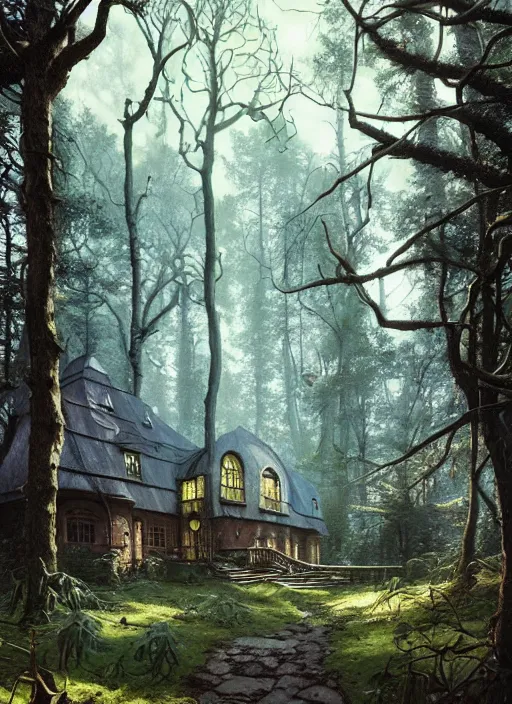 Image similar to hyper realistic homely ornate modern witch house distant down a path in the woods gorgeous lighting, blue sky, highly detailed, lush forest by zdzisław beksinski and norman rockwell and greg rutkowski weta studio, and lucasfilm