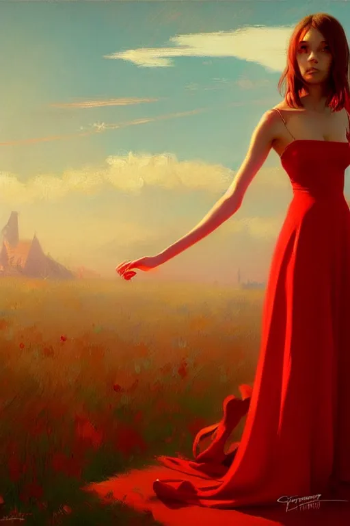 Prompt: dreamy girl character with perfect body in a nice red dress, magic vibe, perfect lighting. professional design. great composition, illustration, highly detailed, digital painting, concept art, trending on artstation, by greg rutkowski, james ensor, artwork