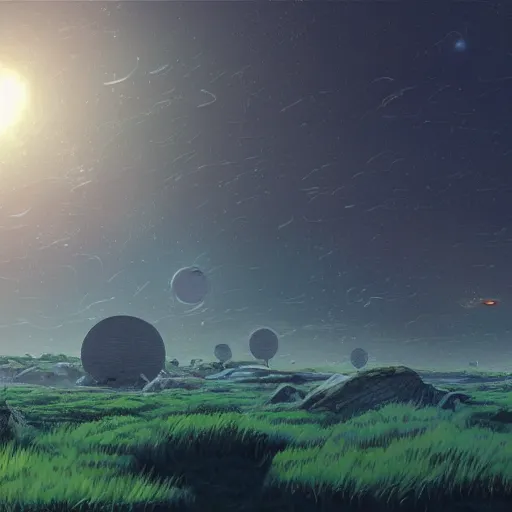 Image similar to concept art painting of prehistoric alien planet life, detailed, cel shaded, in the style of makoto shinkai and moebius and james gurney