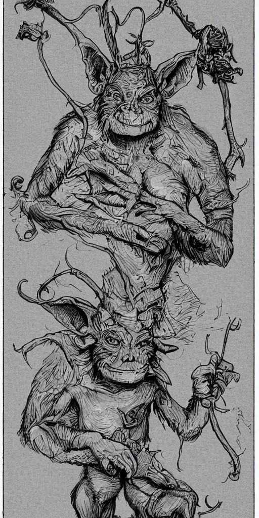 Image similar to field guide page with an illustration of a goblin. highly detailed realistic rendering