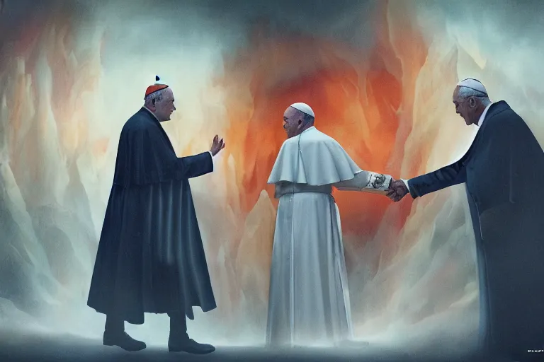 Image similar to the pope shaking hands with the satan in the hell, hyper detailed, orange red blue tones dramatic lighting, cgsociety, realistic, hyper detailed, insane details, intricate, dramatic lighting, hypermaximalist, golden ratio, rule of thirds, octane render, weta digital, micro details, ultra wide angle, artstation trending, 8 k