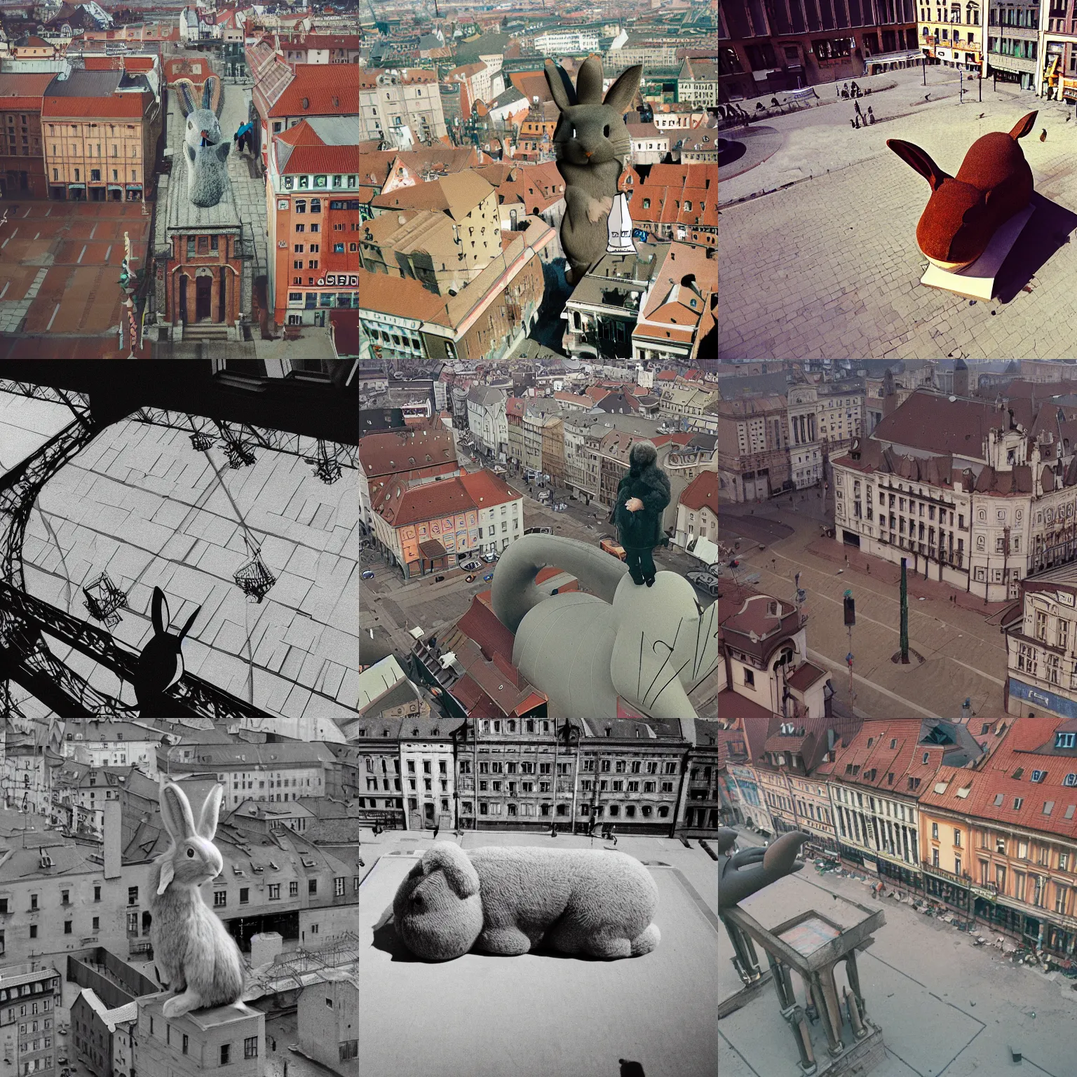 Prompt: in empty!!!! legnica , giant rabbit , film still, high view