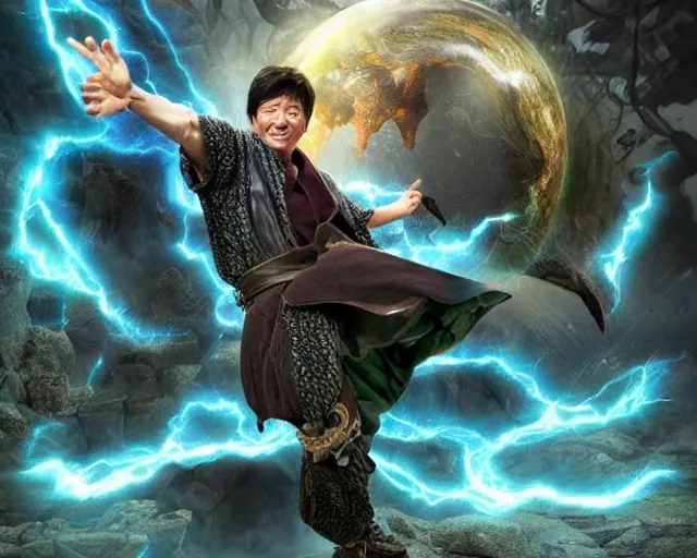 Image similar to jackie chan as an earth mage casting an earth magic spell, fantasy art, d & d, extremely detailed, high quality, award - winning,