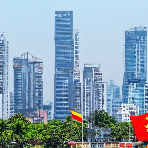 Image similar to Saigon Cityscape. Vietnam colorscheme. Vietnam flag. Clean and simple. Trending on Artstation. 8k resolution.