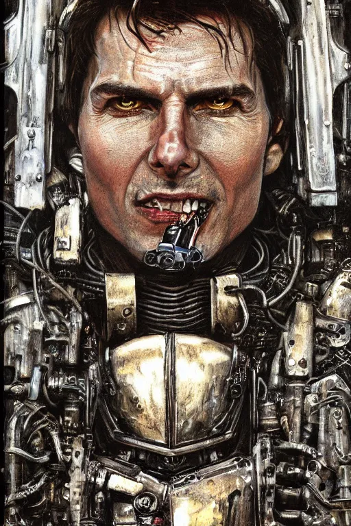 Image similar to portrait of demonic gothic Tom Cruise in mechanical power armor, cyberpunk, Warhammer, highly detailed, artstation, illustration, art by Gustav Klimt