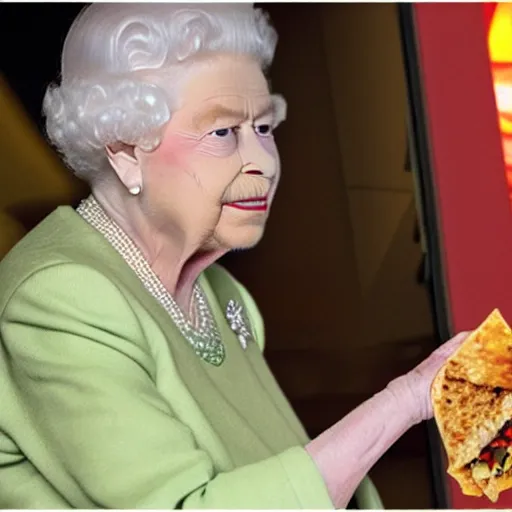 Prompt: Queen Elizabeth biting into a Taco Bell burrito