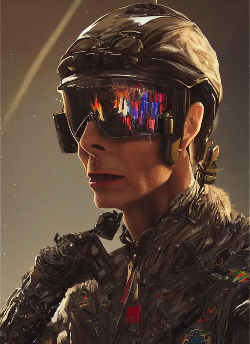 Image similar to detailed full body concept art illustration oil painting of a david bowie pilot in full intricate clothing, ultra detailed, digital art, octane render, 4K, dystopian, micro details