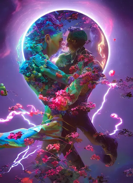 Image similar to An epic fantastic realism comic book style painting of the most beautiful entwined flowers launched across the galaxy, floating bouquets, fisheye, lightning creating life, unreal 5, DAZ, hyperrealistic, octane render, dynamic lighting