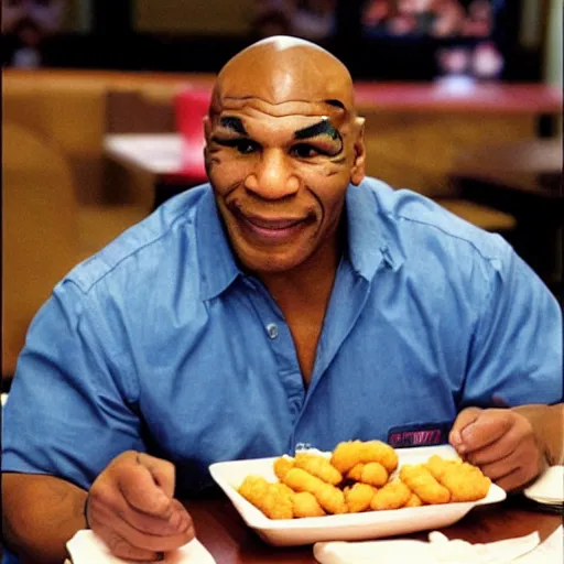 Image similar to Mike tyson sitting at a table in McDonald’s eating 200 chicken nuggets